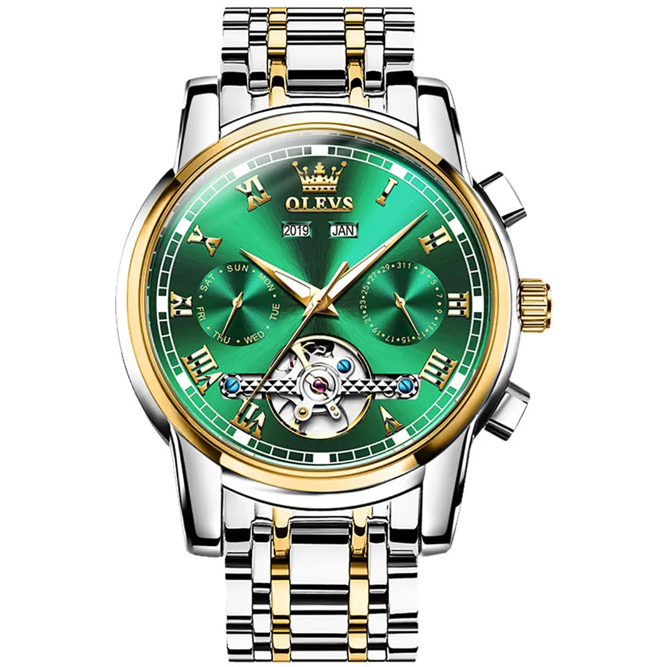 Men Watch OLEVS 6607 Automatic Mechanical Watch Green Golden