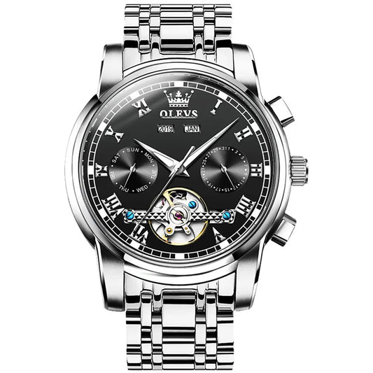 Men Watch OLEVS 6607 Automatic Mechanical Watch Silver Black