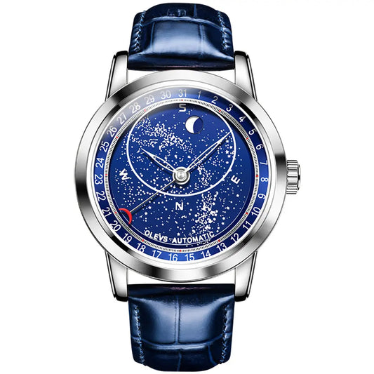 Men Watch OLEVS 9923 Universe Design Automatic Mechanical Watch Silver Blue