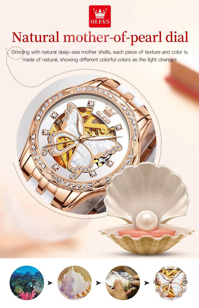 OLEVS Lady's Butterfly II White - Leather strap