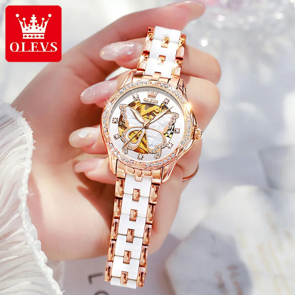 OLEVS Lady's Butterfly II Red - Leather strap