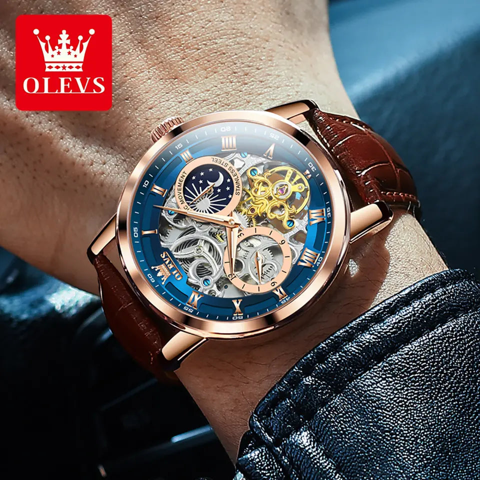 Men Watch OLEVS 6670 Luxury Skeleton Automatic Mechanical Watch Blue