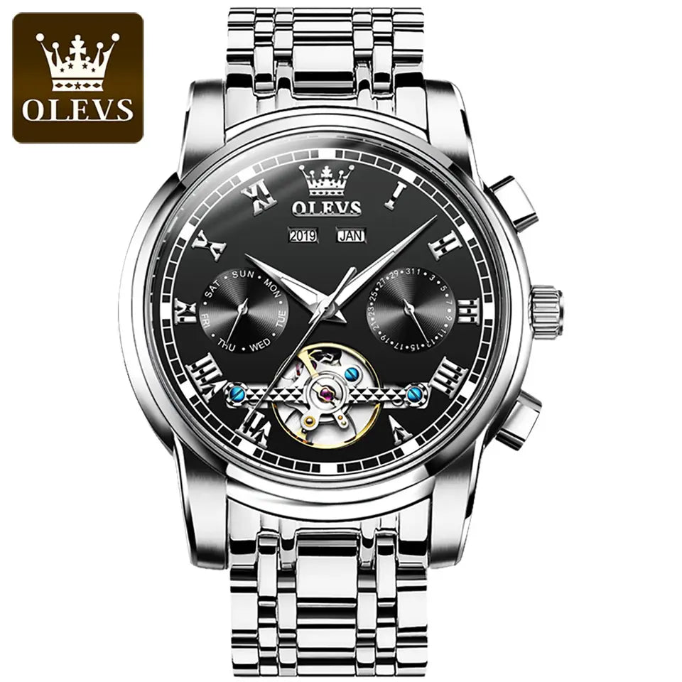 Men Watch OLEVS 6607 Automatic Mechanical Watch Silver