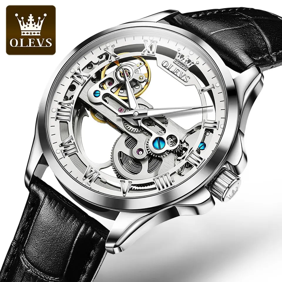 Men Watch OLEVS 6661 Transparent Automatic Mechanical Watch Silver