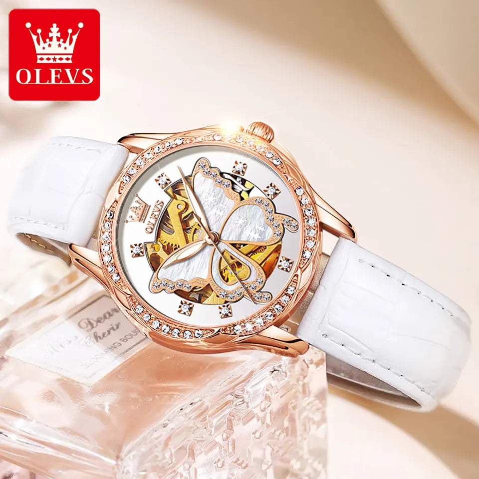 OLEVS Lady's Butterfly II White - Leather strap
