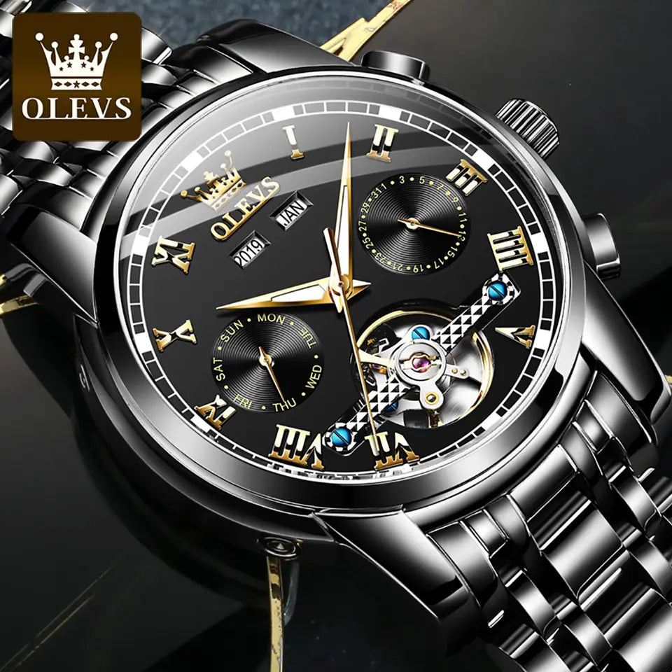 Men Watch OLEVS 6607 Automatic Mechanical Watch Black