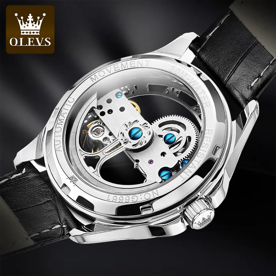 Men Watch OLEVS 6661 Transparent Automatic Mechanical Watch Brown Blue
