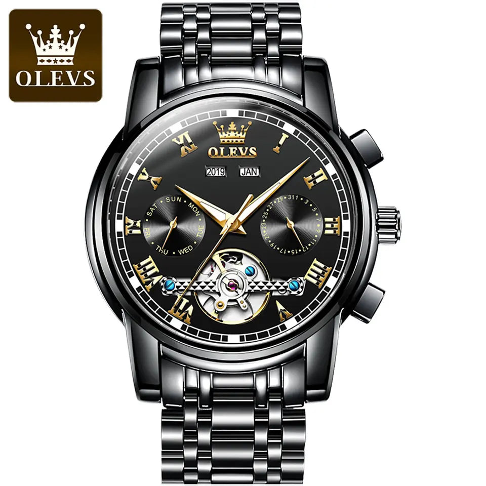 Men Watch OLEVS 6607 Automatic Mechanical Watch Silver Black