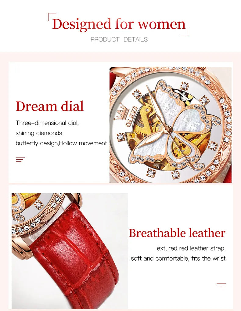 OLEVS Lady's Butterfly II Red - Leather strap