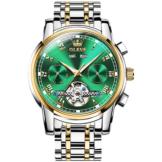 Pánské mechanické hodinky OLEVS 6607  Zelené (Zlato-stříbrný řemínek)
