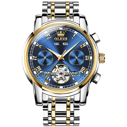 Pánské mechanické hodinky OLEVS 6607  Modré (Zlato-stříbrný řemínek)