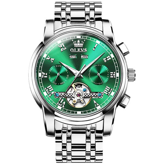 Pánské mechanické hodinky OLEVS 6607  Zelené (Stříbrný řemínek)