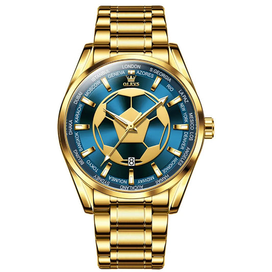 Pánské hodinky OLEVS 9949 Fotbalový motiv Zlaté