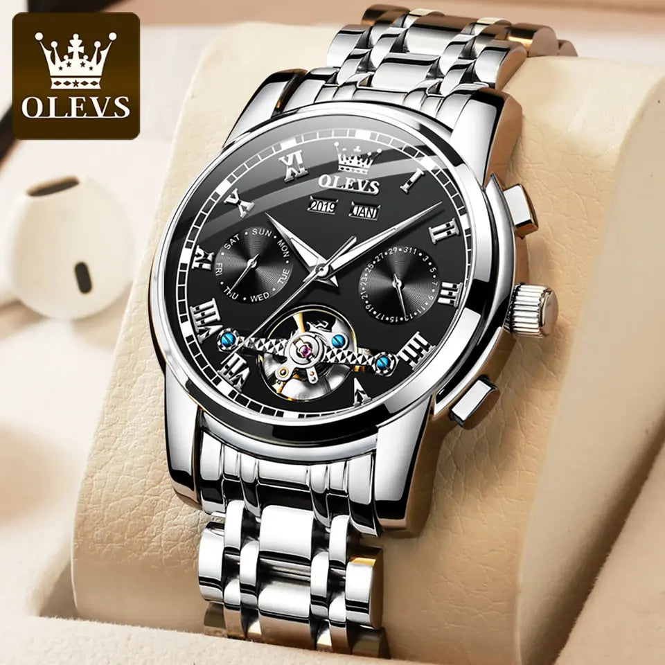 Men Watch OLEVS 6607 Automatic Mechanical Watch Blue Golden