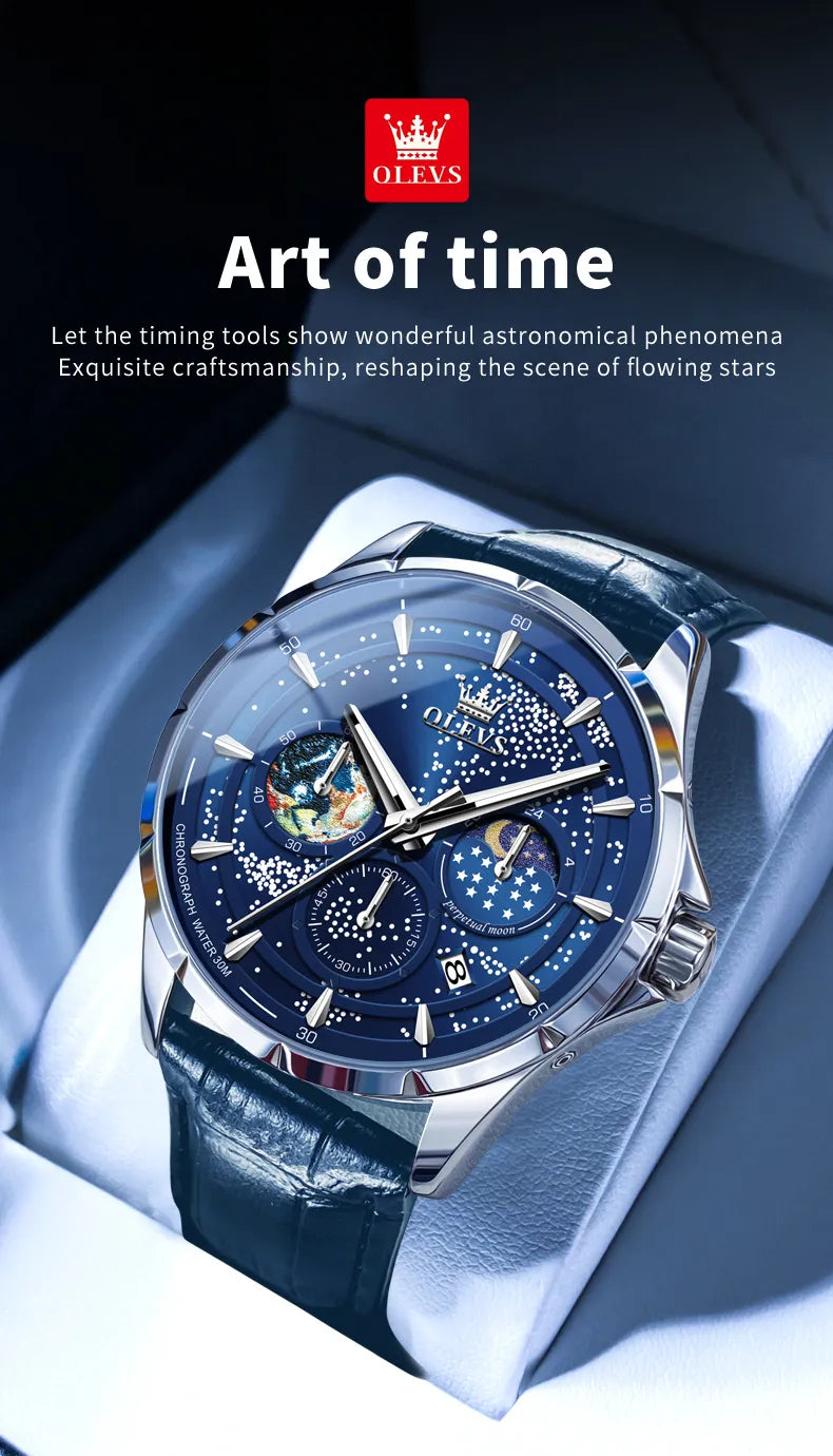 Pánské hodinky OLEVS 5538 Modrý ciferník, černý pásek