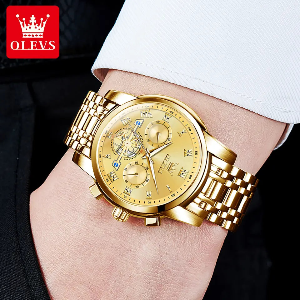 OLEVS Men Luxury Watch 2859 Black dial Gold White strap