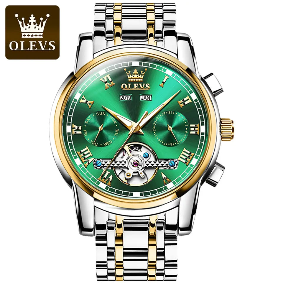 Men Watch OLEVS 6607 Automatic Mechanical Watch Silver Black