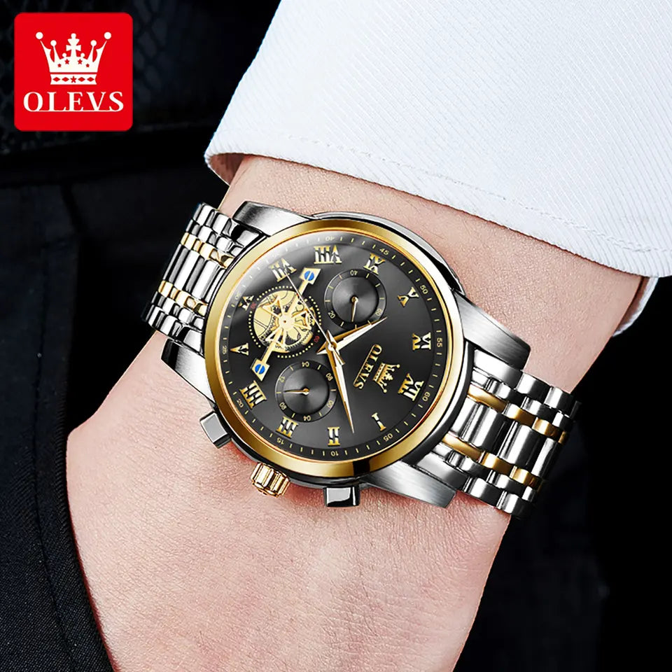 OLEVS Men Luxury Watch 2859 Black dial Gold White strap