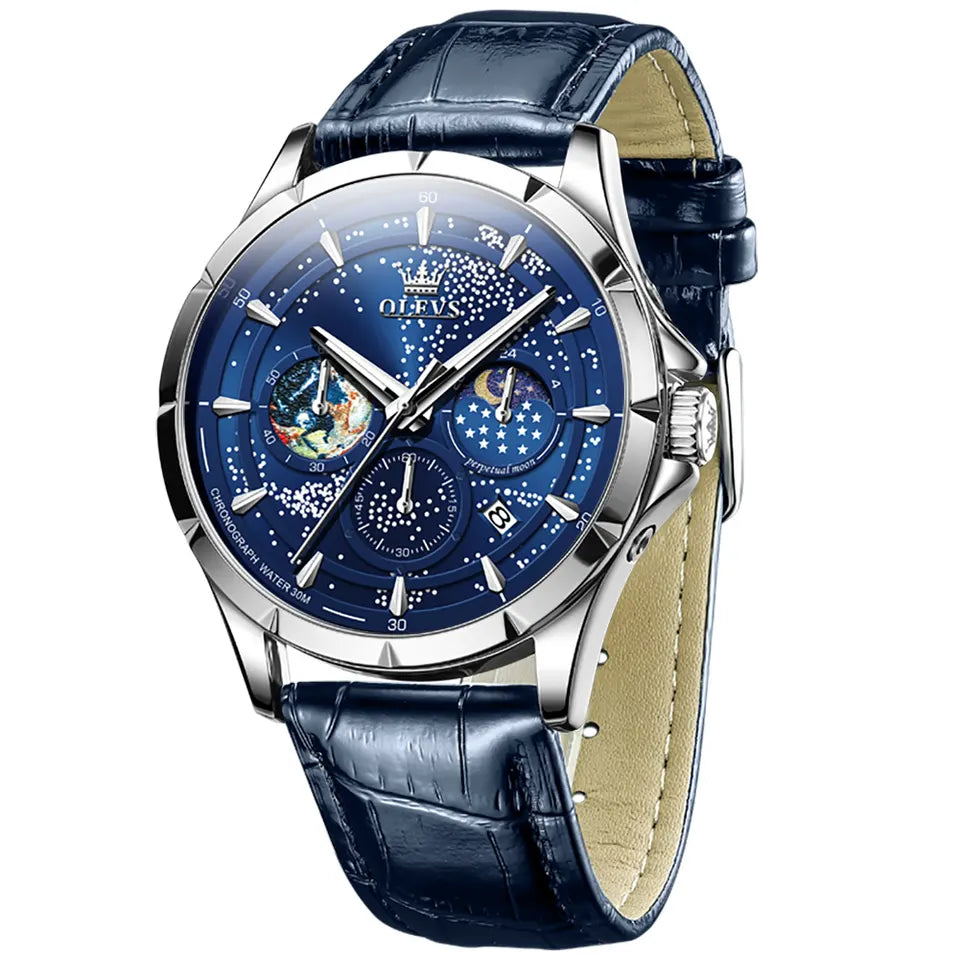 Pánské hodinky OLEVS 5538 Modrý ciferník, černý pásek