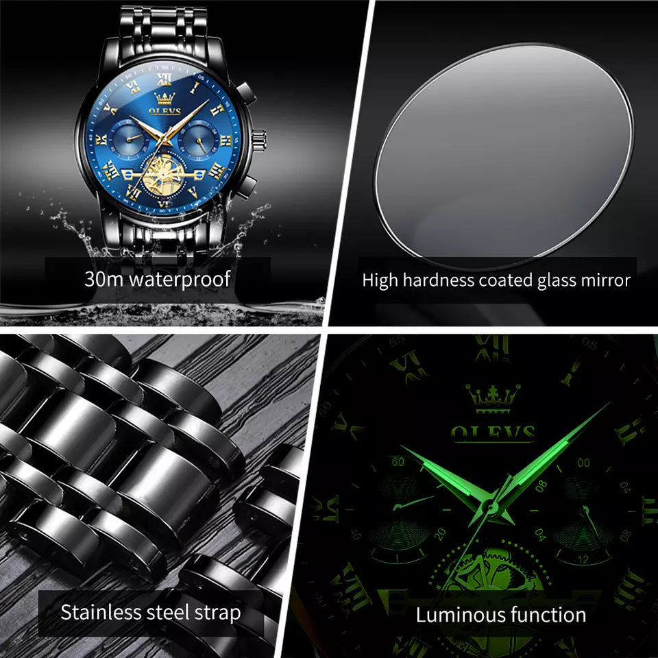 OLEVS Men Luxury Watch 2859 Black dial Gold White strap